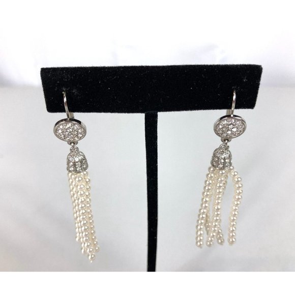 Faux Pearl Drop Dangle Pave Stones Pierced Earrings Lever Back Closure - Picture 2 of 7